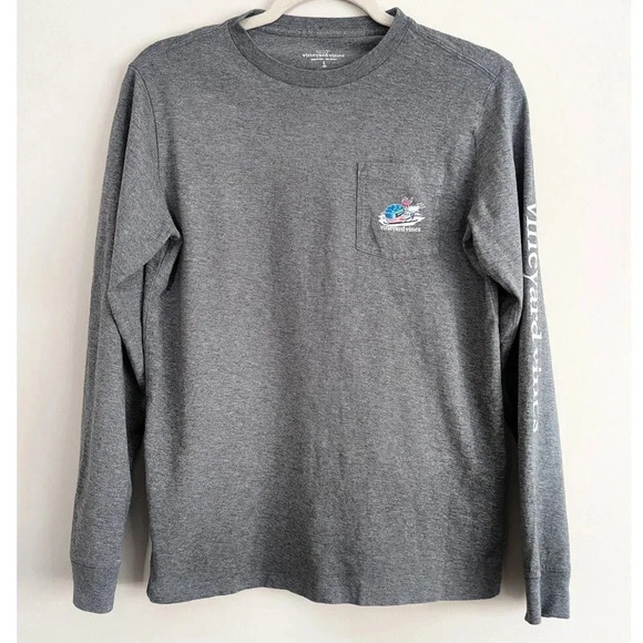 Vineyard Vines Unisex Ski Whale Pocket Tee - Gray Long Sleeve - Size Large - Picture 3 of 8